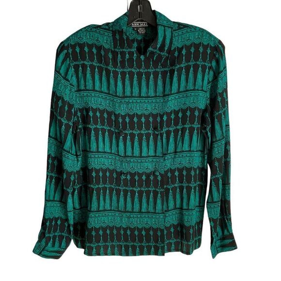 Ann May Blouse Silk Button Down Black Green Tassel Print Long Sleeve Medium - Picture 11 of 11
